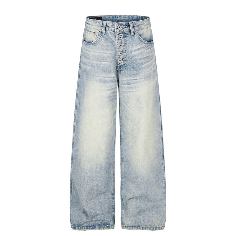 Women's High-Waist Wide Denim Palazzo Jeans with Button Fly and Used Wash Chichicherry