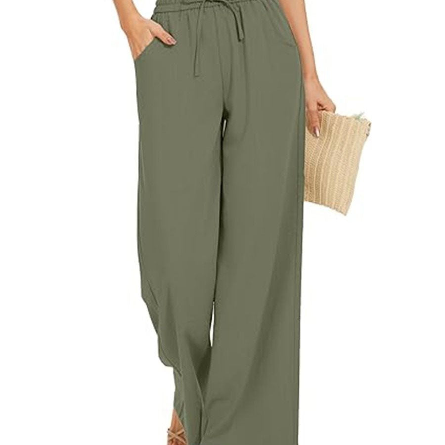 Women's wide linen pants with high elastic waistband, drawstring, and side pockets Chichicherry