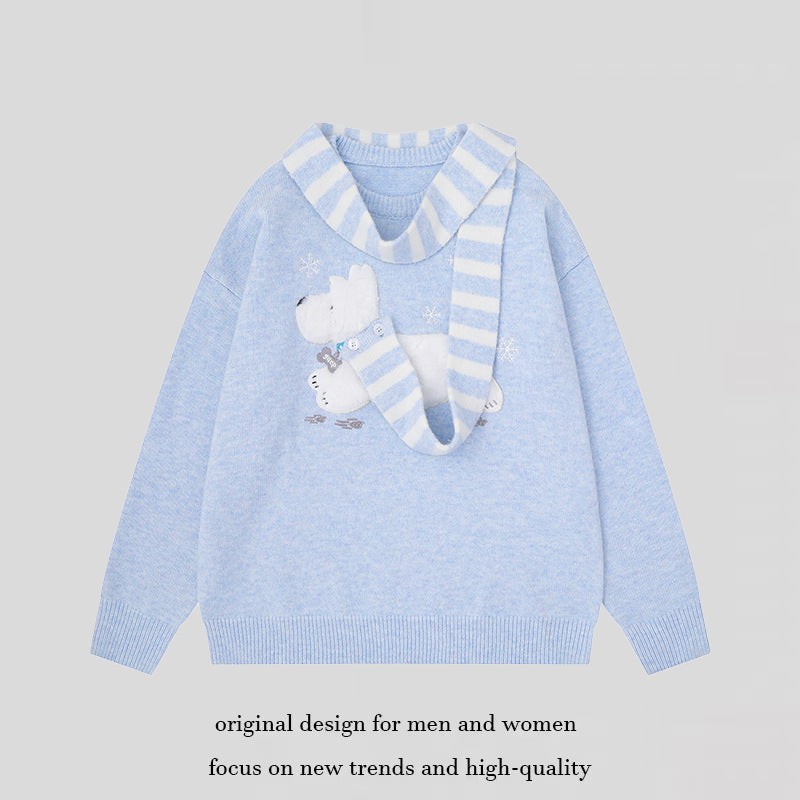 Women's Cozy Knit Sweater with Polar Bear Applique and Integrated Striped Scarf Chichicherry