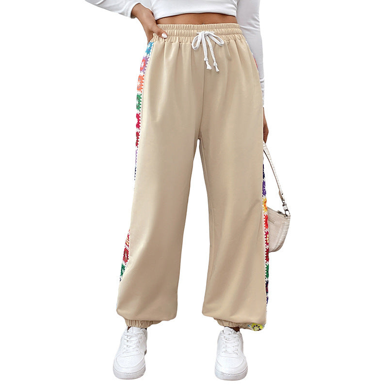 Women Loose Fit Jogging Pants with Elastic Waistband, Drawstring and Colorful Side Stripes Chichicherry