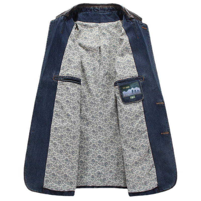 Men's Elegant Denim Blazer Style Jacket with Faux Leather Trim and Paisley Lining Chichicherry