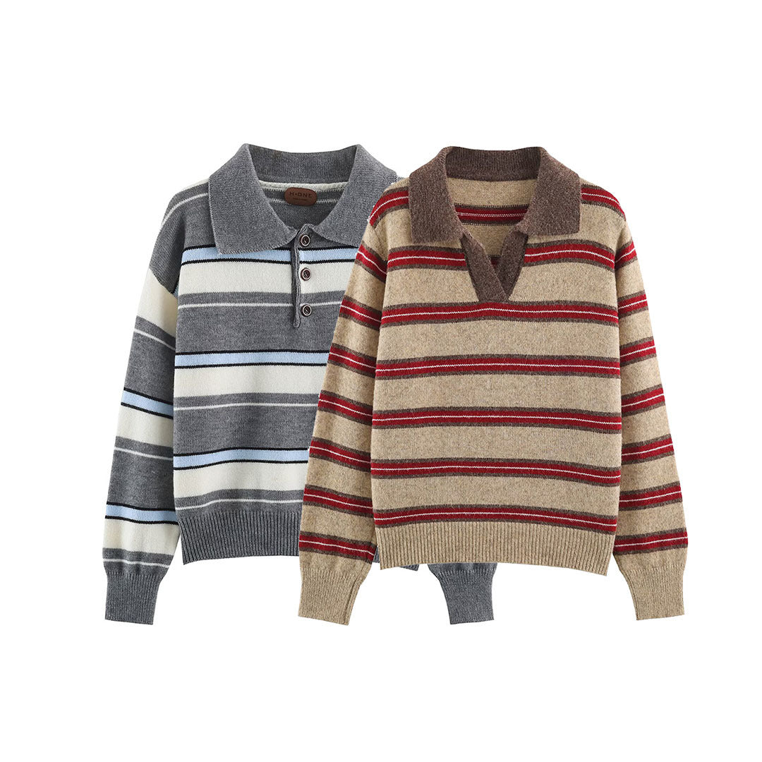 Women Striped Oversize Sweater with Polo Collar and V-Neck Chichicherry