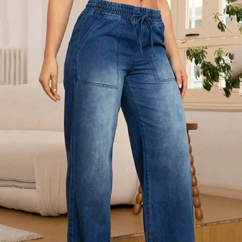 Women's Wide High-Waist Jeans with Elastic Waistband and Drawstring Chichicherry