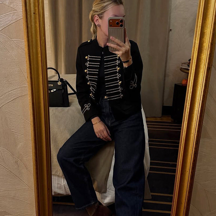 Women's short-cut military jacket with gold-embellished cords Chichicherry