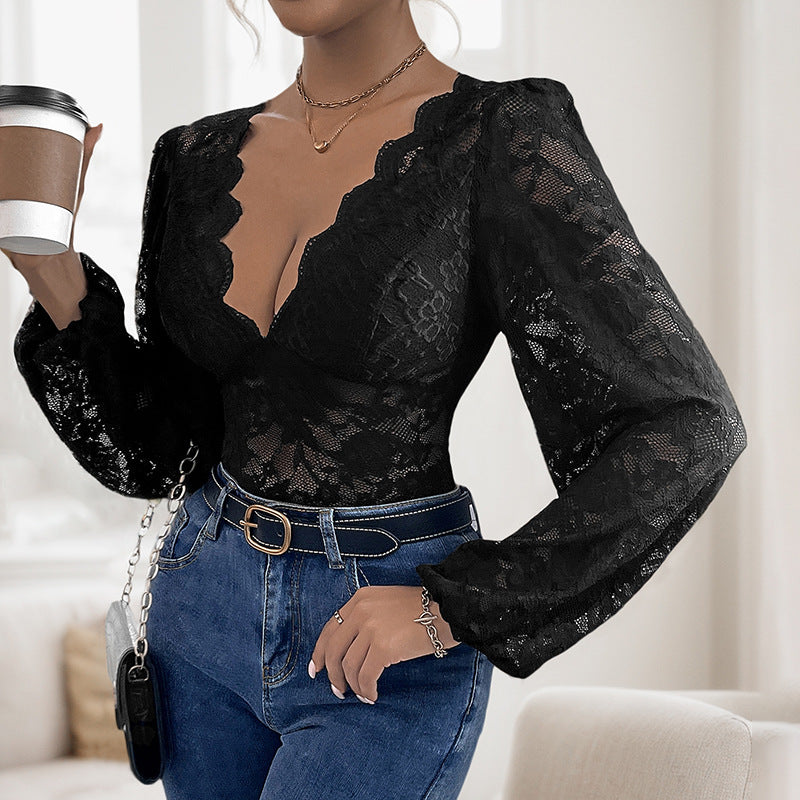 Women's lace bodysuit with deep V-neckline, curved hem and puff sleeves Chichicherry
