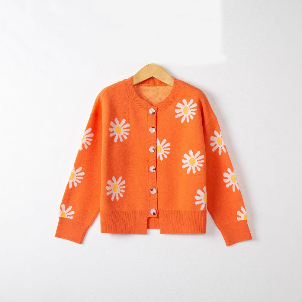 Women's Oversize Knit Cardigan with Flower Appliqué, Mother-of-Pearl Buttons and Wave Hem Chichicherry