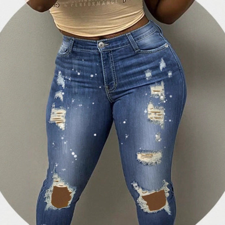 Women's high-waisted skinny super stretch jeans with used knee rips and paint splatter Chichicherry