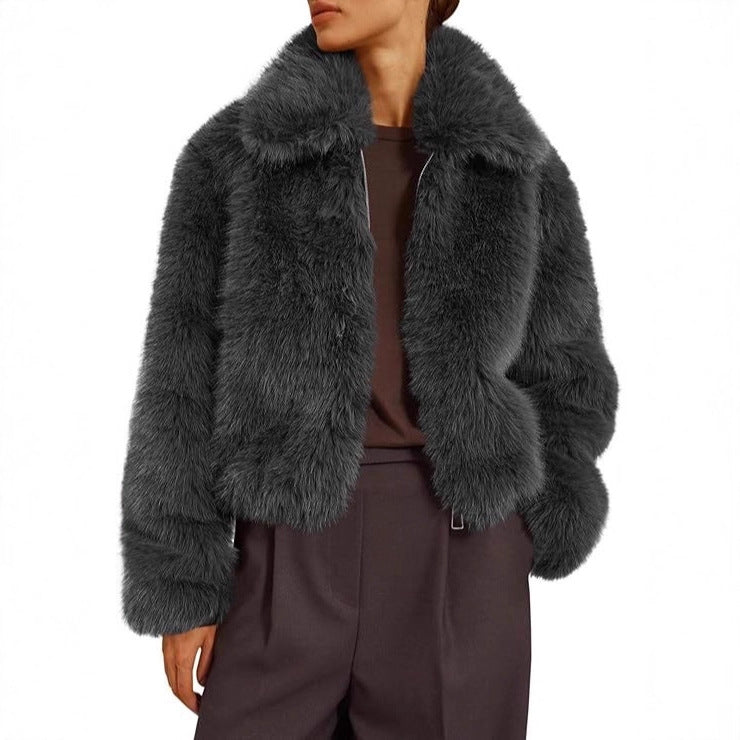 Women Short Boxy Faux Fur Pilot Jacket with Dense High Pile and Wide Lapel Chichicherry