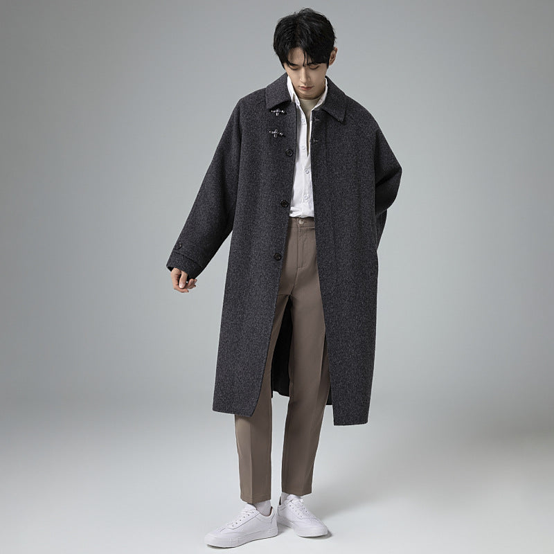 Men's Structured Maxi-Length Wool Blend Overcoat with Straight Cut and Decorative Toggle Closures Chichicherry