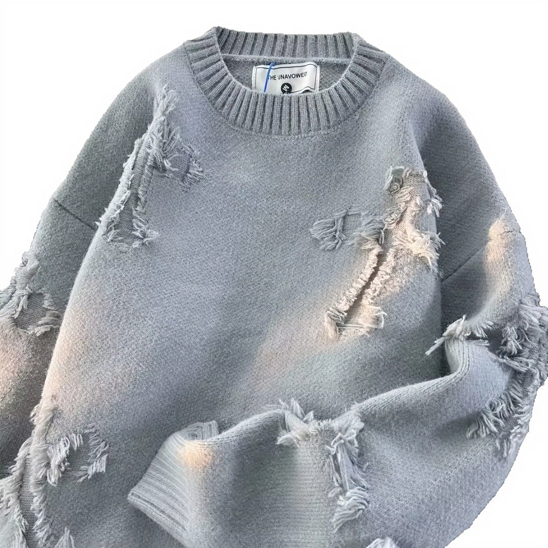 Unisex Oversized Strickpullover mit Destroy-Details und Rundhalsausschnitt Chichicherry