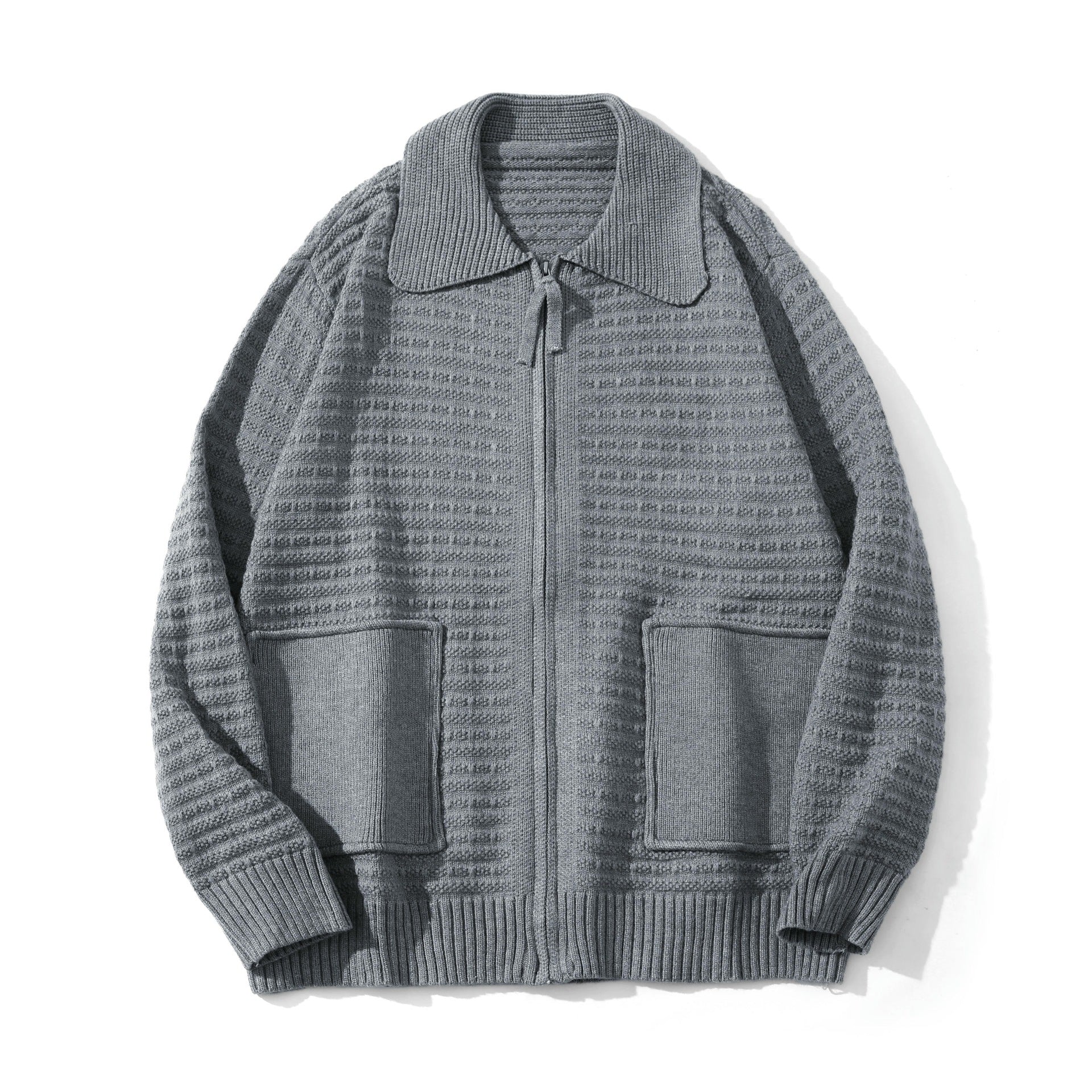 Unisex Structured Zip Knit Cardigan with Large Lapel Collar Chichicherry