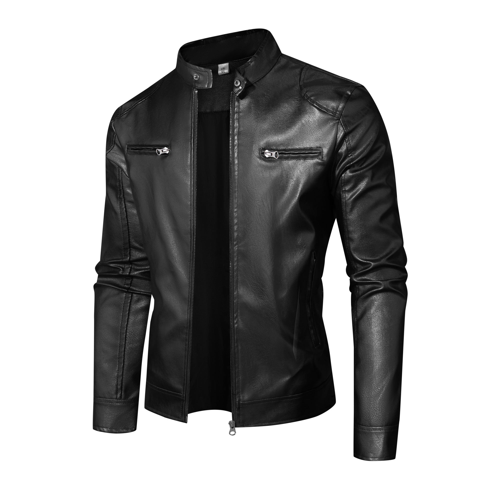 Men's Slim-Fit Biker Style Leather Jacket with Stand-up Collar, Zipper Pockets and Soft Lamb Nappa Chichicherry