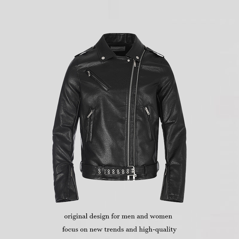 Men's tailored biker jacket made of synthetic leather with asymmetric zipper and studded waist belt Chichicherry