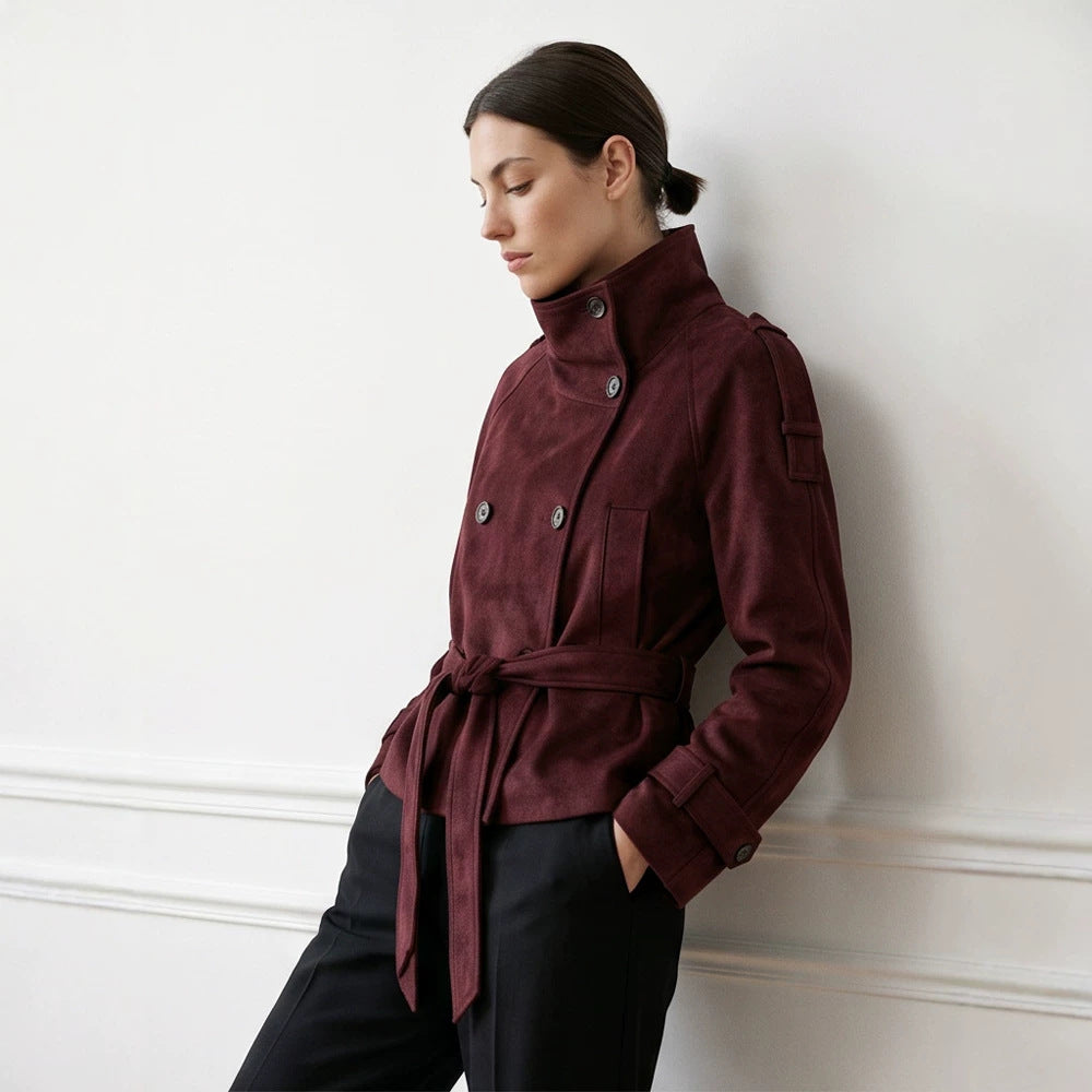 Women's Tailored Short Jacket in Suede Look with Double Breasted and Stand-Up Collar Chichicherry