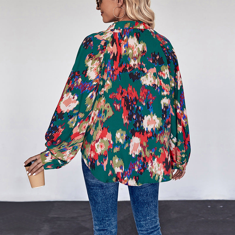 Women’s Loose Blouse Shirt with Shirt Collar, Abstract Print and Balloon Sleeves Chichicherry