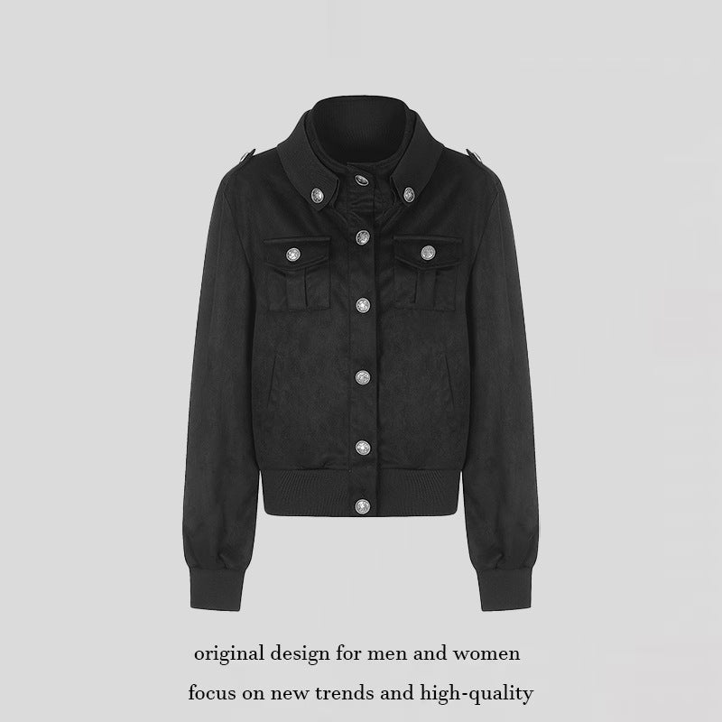 Women's Short Cut Velvet Velours Bomber Jacket with Decorative Buttons and Epaulets Chichicherry