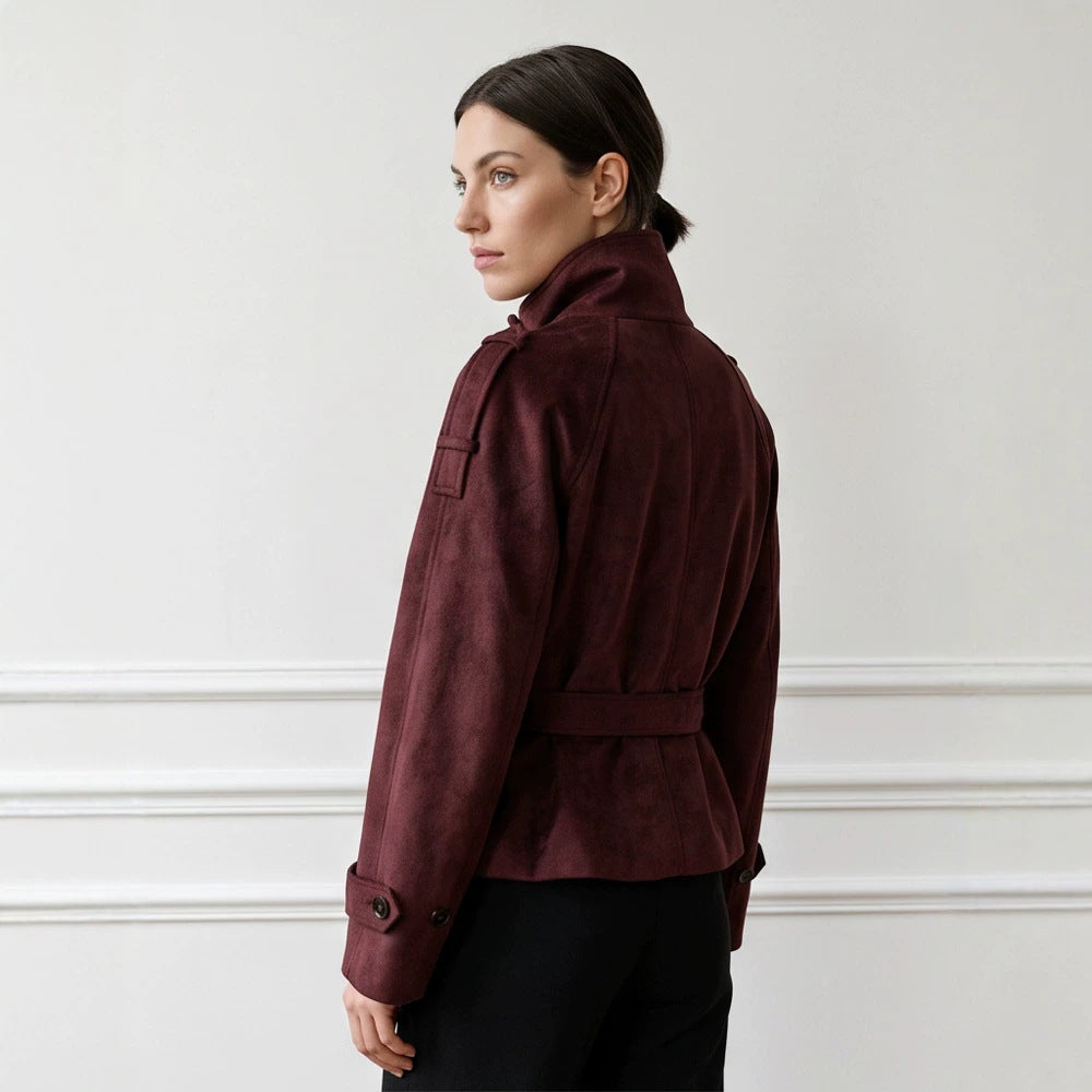 Women's Tailored Short Jacket in Suede Look with Double Breasted and Stand-Up Collar Chichicherry