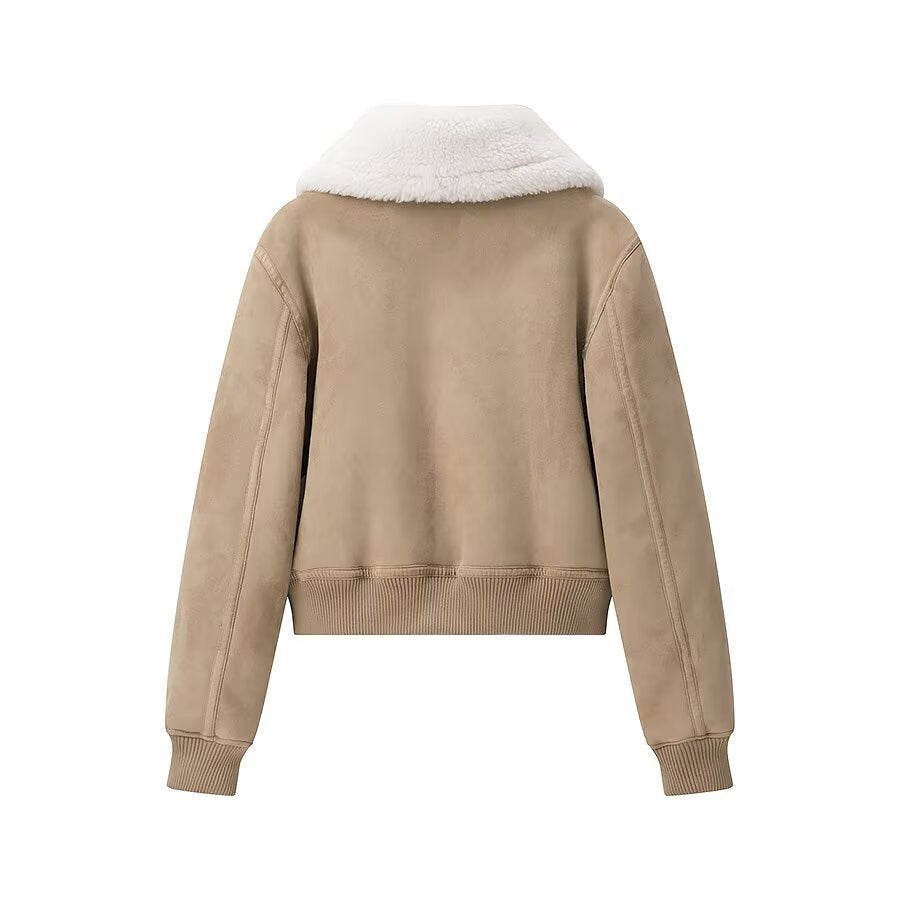 Women's Short Suede Look Bomber Jacket with Teddy Collar and Ribbed Cuffs Chichicherry