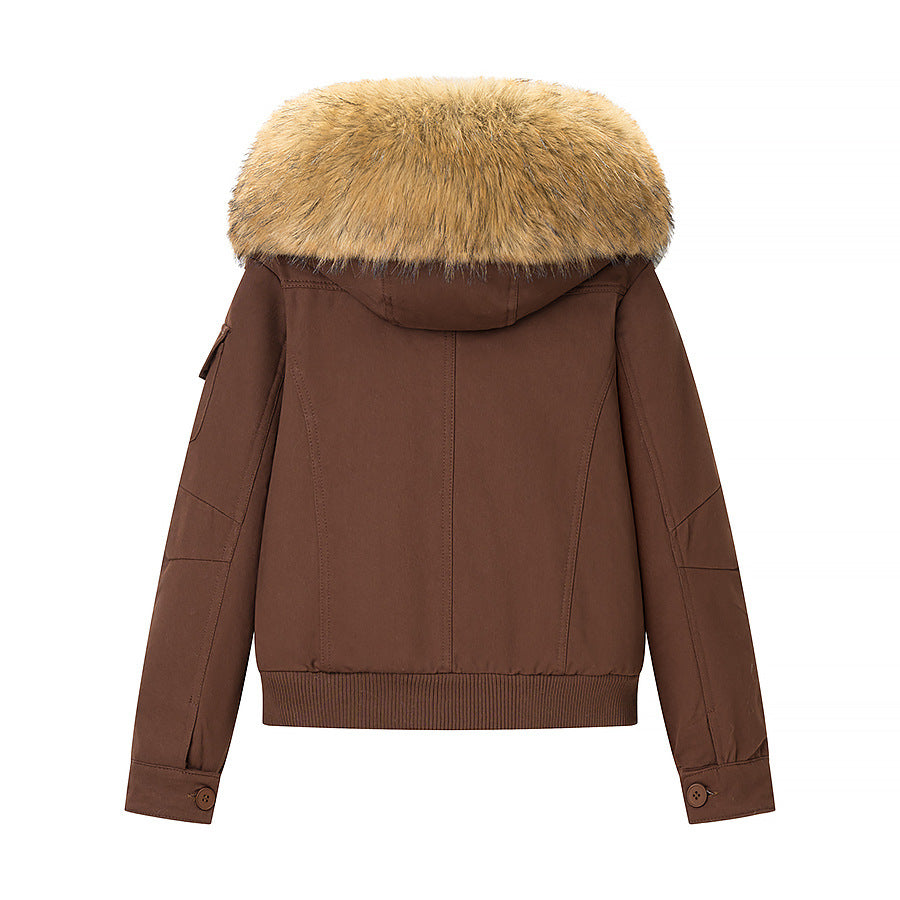 Women Padded Bomber Jacket with Faux Fur Hood and Utility Pocket Chichicherry