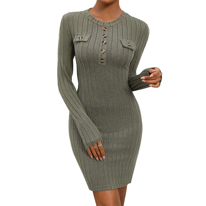 Women's fitted ribbed knit mini dress with button placket and decorative breast pockets