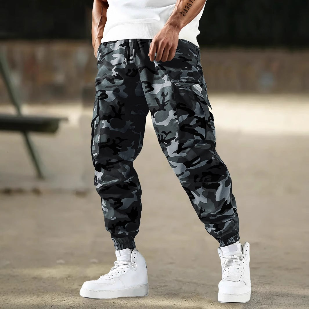 Men's cargo jogger pants with camo pattern, elastic waistband, and ankle cuffs Chichicherry