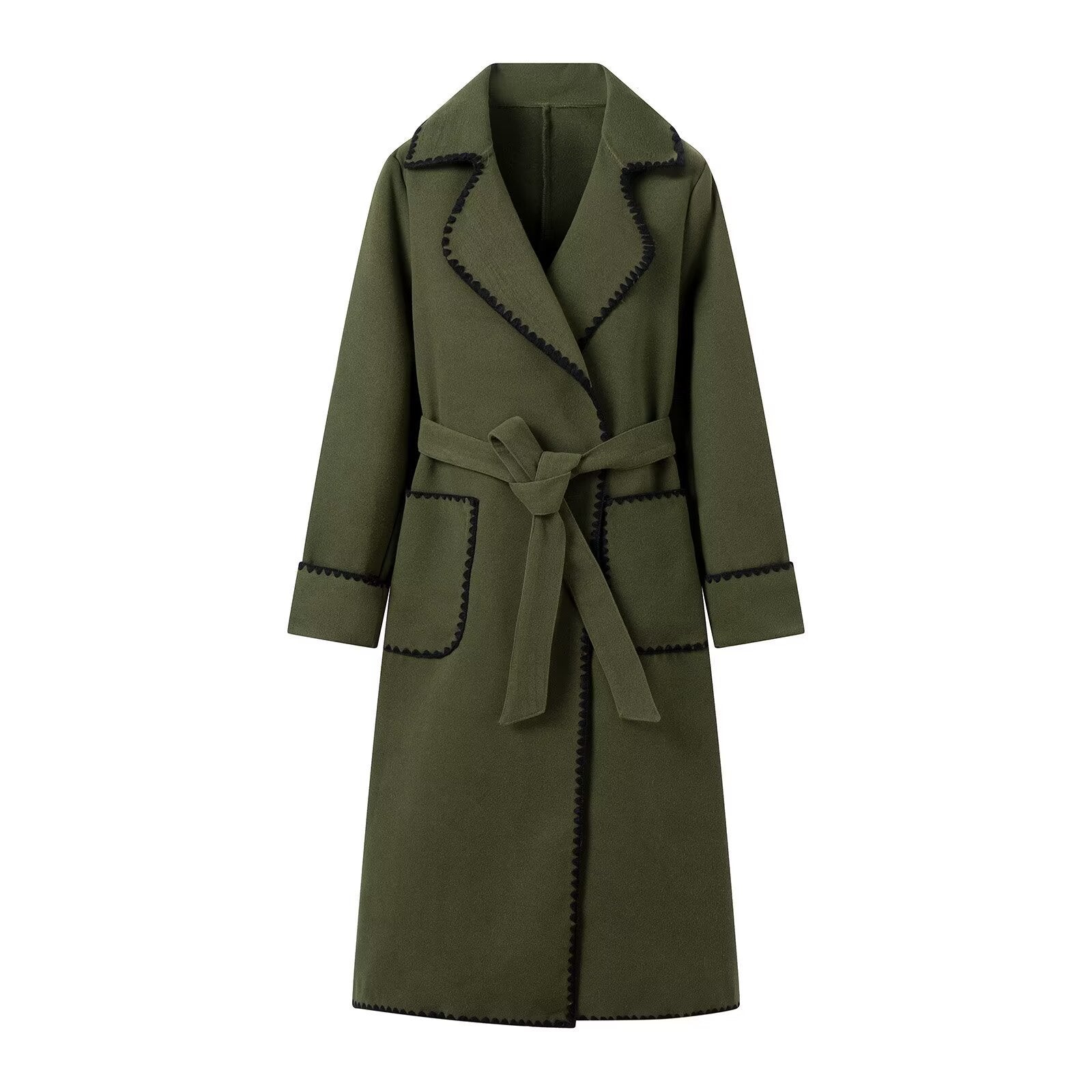 Women's Midi-Length Wool Blend Coat with Tie Belt and Zigzag Trim Chichicherry