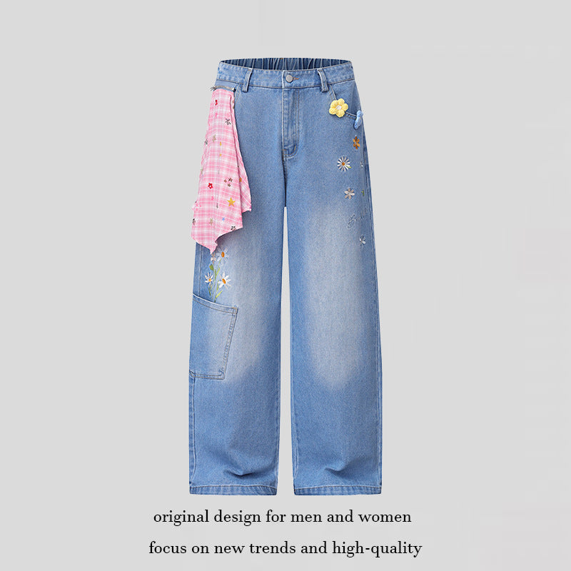 Ladies Wide High-Waist Denim Palazzo Jeans with Floral Embroidery, Cargo Pocket and Scarf Detail Chichicherry