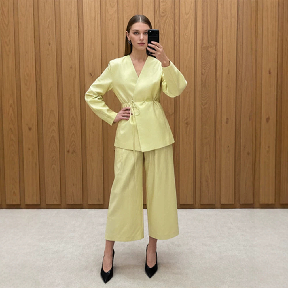 Women's wrap blazer with drawstring and wide culotte pants two-piece Chichicherry