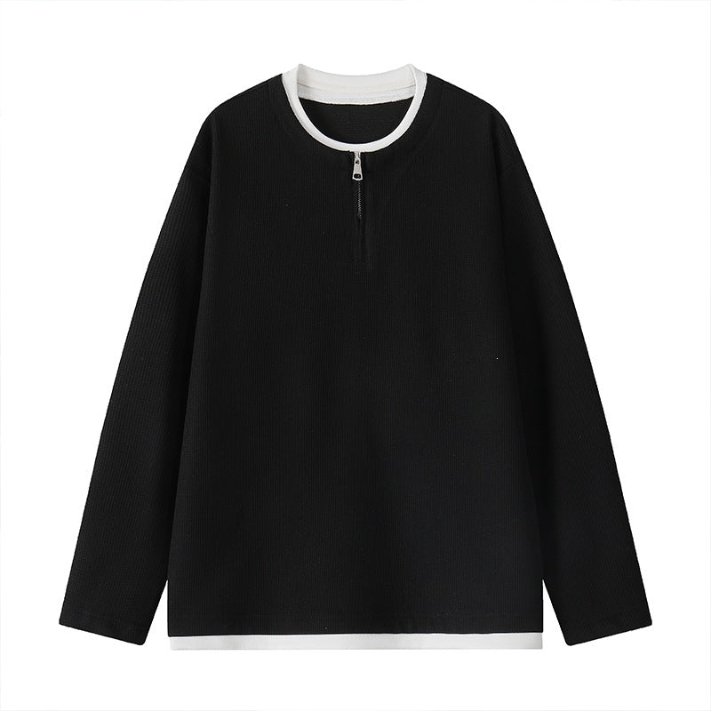 Men's Structured Long Sleeve Pullover with Half Zipper and Contrast Trim Chichicherry