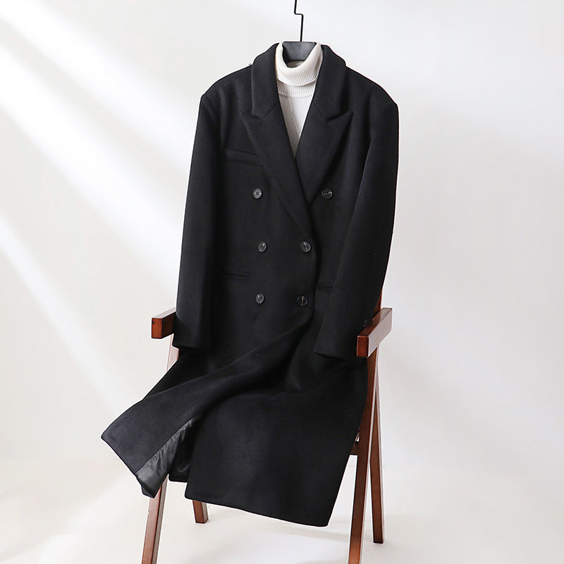 Men's Classic Double-Breasted Long Coat made of Wool Blend with Shawl Collar and Fine Lining Processing Chichicherry