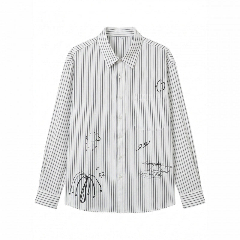 Unisex Oversize Stripe Shirt with Doodle Print, Chest Pocket and Shirt Collar Chichicherry