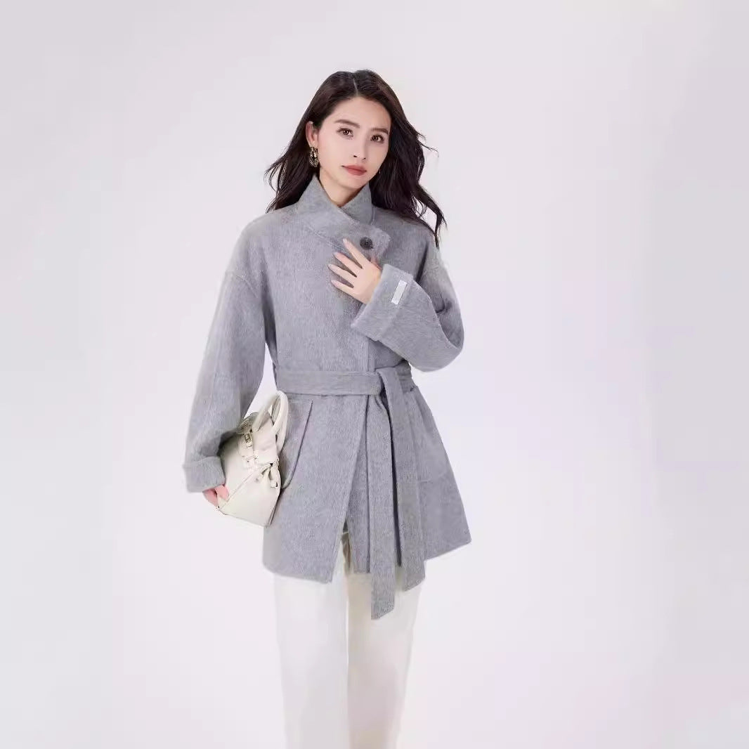 Women's Short Wrap Wool Coat with High Button Placket and Patch Pockets Chichicherry