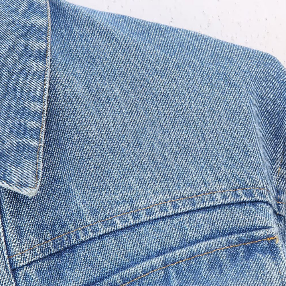 Women's Short Denim Jacket with Metallic Finish and Patch Chest Pockets Chichicherry