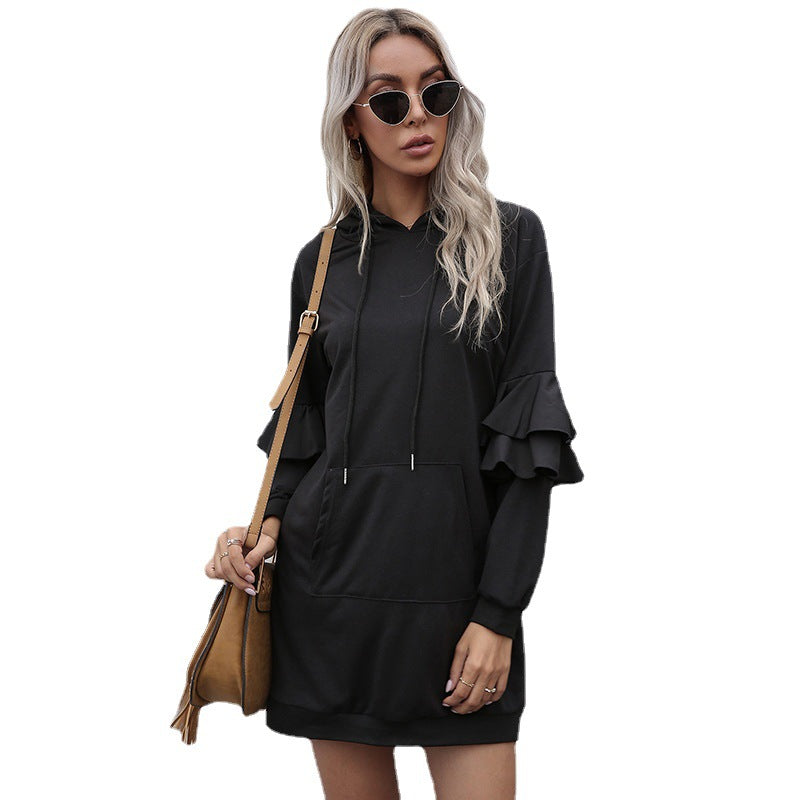 Women Oversize Hooded Dress with Two-Tier Ruffled Sleeves and Side Pocket Chichicherry
