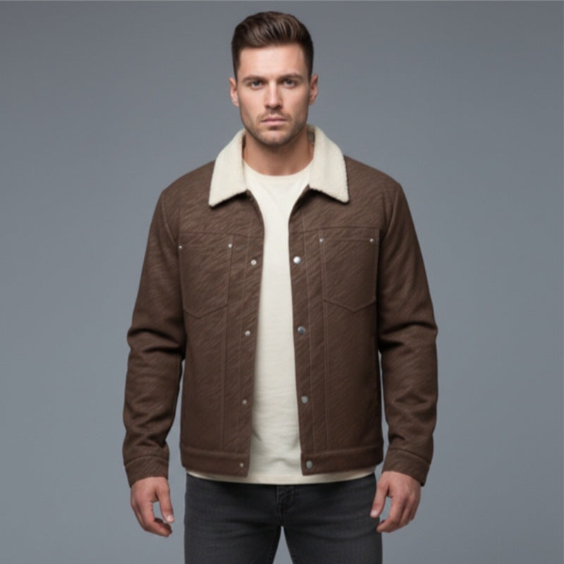 Men's Casual Sherpa-Lined Trucker Jacket with Faux Fur Collar Chichicherry