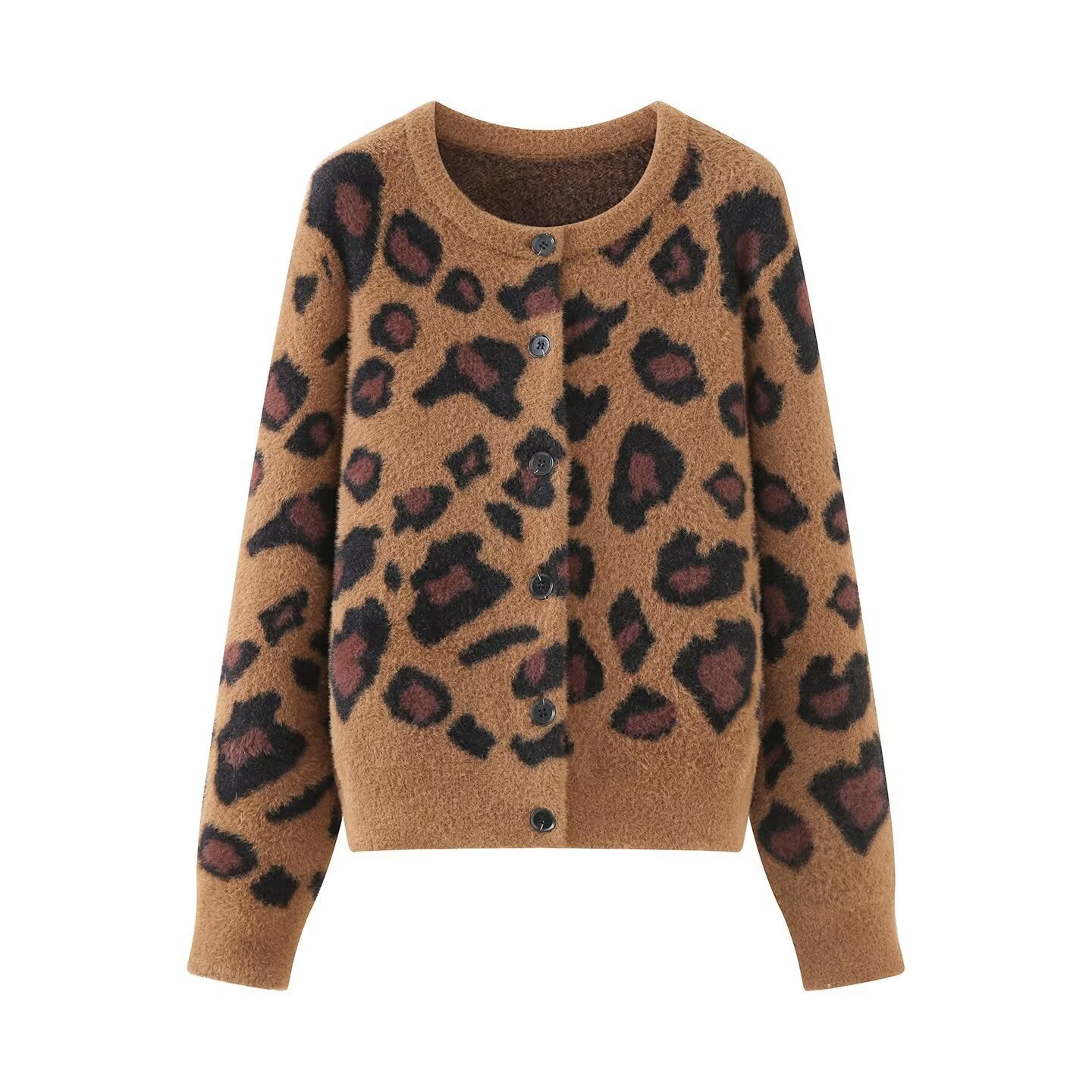 Women's fluffy cardigan in leopard print with round neckline and button placket Chichicherry