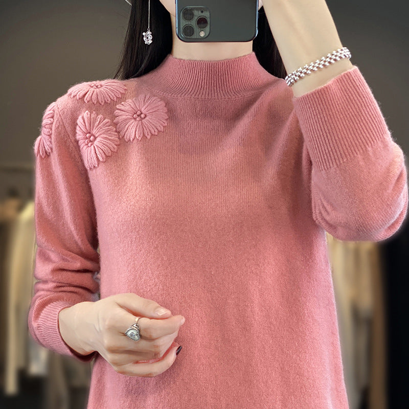 Women Soft Fine Knit Sweater with Short Stand-Up Collar, 3D Flower Application and Ribbed Cuffs Chichicherry