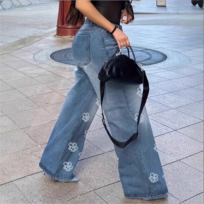 Ladies High-Waist Wide-Leg Denim Jeans with Floral Allover Embroidery Chichicherry