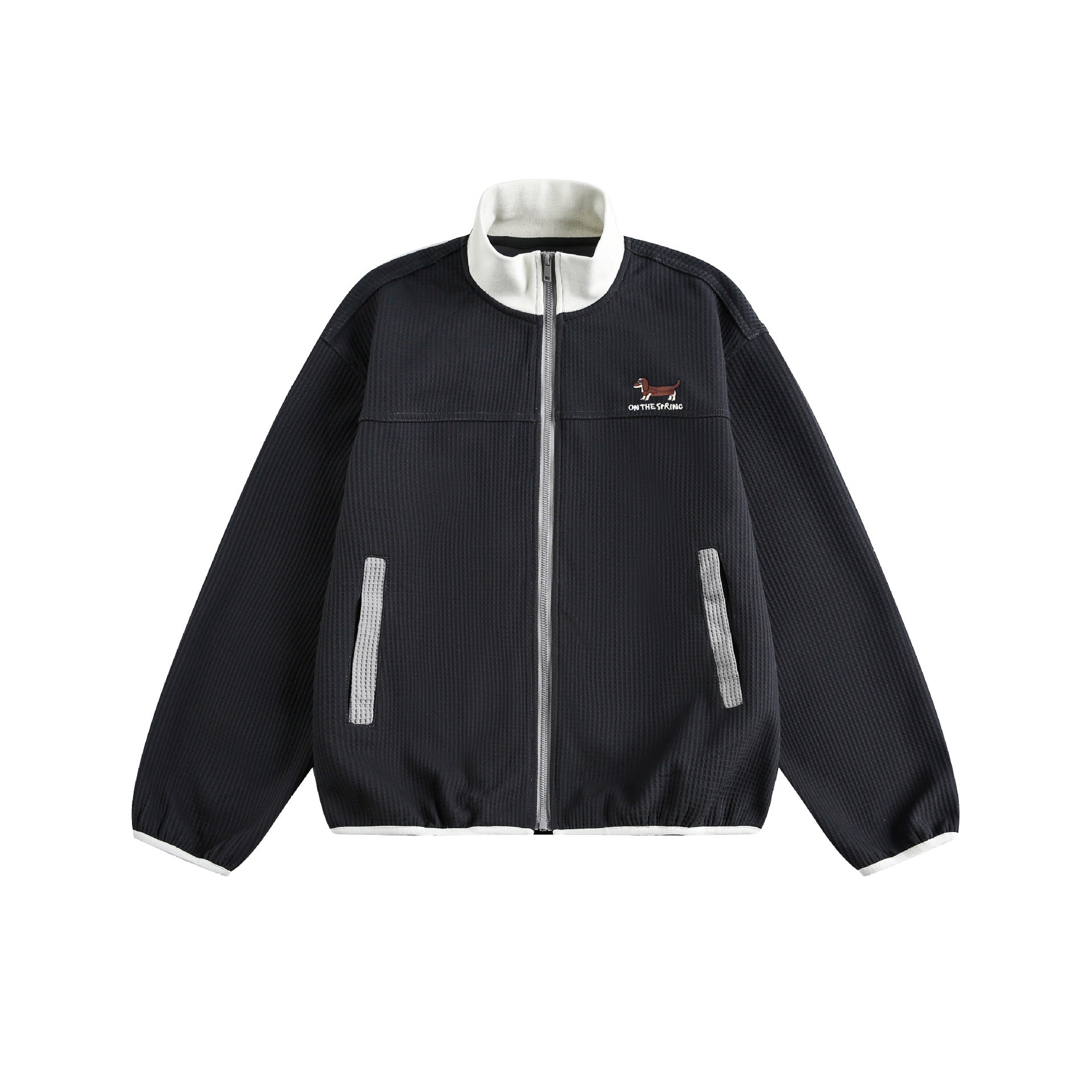 Women’s waffle structure zip jacket in boxy cut with stand-up collar and dog embroidery Chichicherry