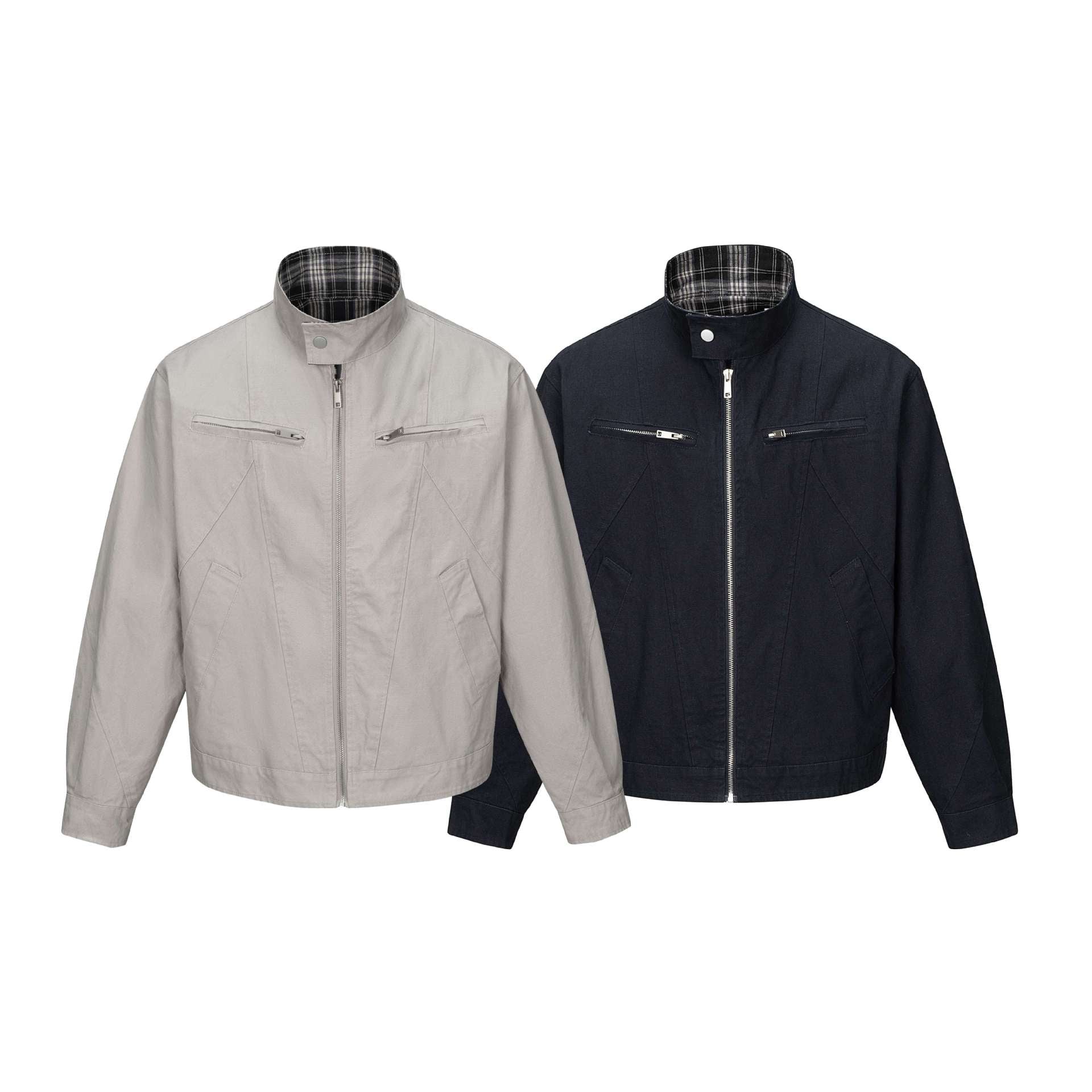 Men's short-cut boxy blouson with stand collar, zipper and chest zippers Chichicherry