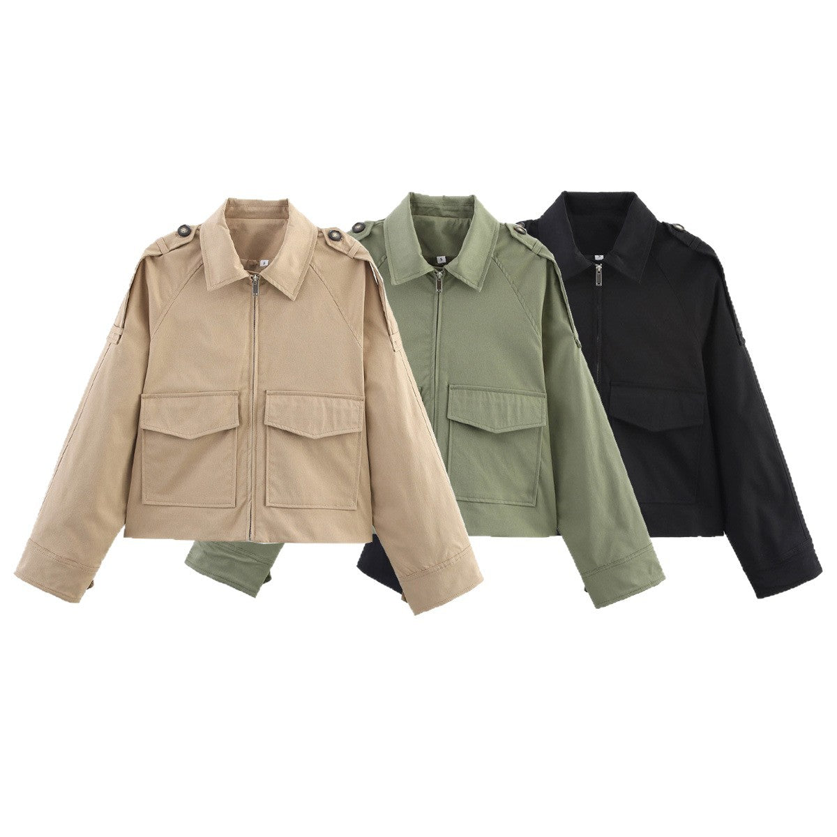 Women's Short Cut Utility Jacket in Military Look with Flap Pockets, Epaulettes and Zipper Chichicherry