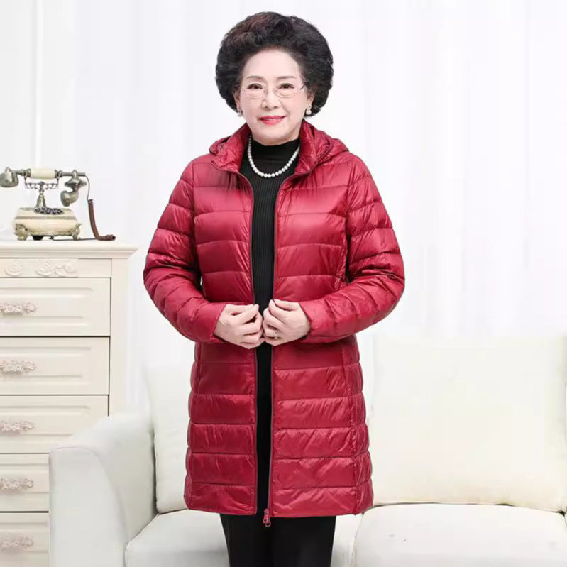 Women Long Cut Ultra-Light Thermal Parka with Contoured Silhouette and Hood Chichicherry