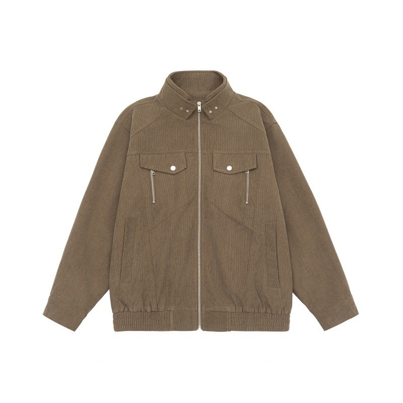 Men's short jacket made of teddy fleece with stand-up collar, patched chest pockets, and full-length zipper Chichicherry