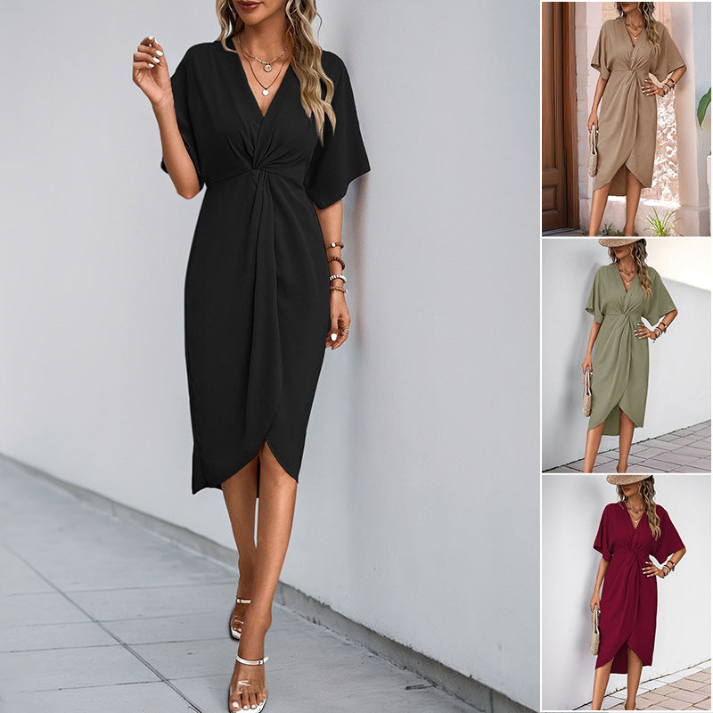 Women’s Wrap Midi Dress with Knot Detail, V-Neck and Dropped Sleeves Chichicherry