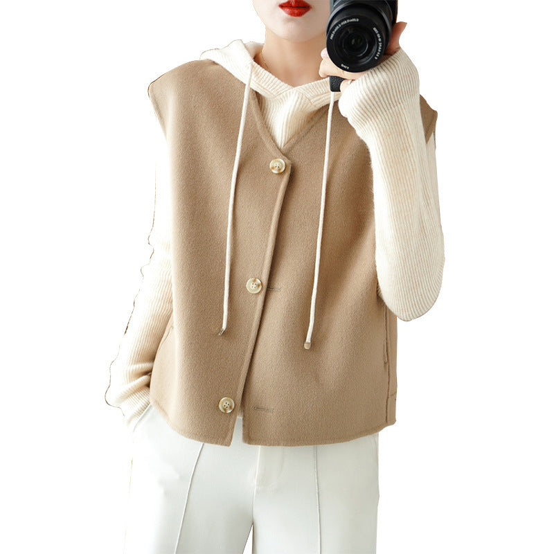 Women's layering knit cardigan with hood and sleeveless wool blend vest Chichicherry