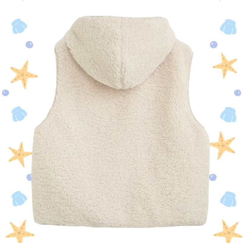 Women Padded Sherpa Vest with Hood, Zipper and Patch Pockets Chichicherry
