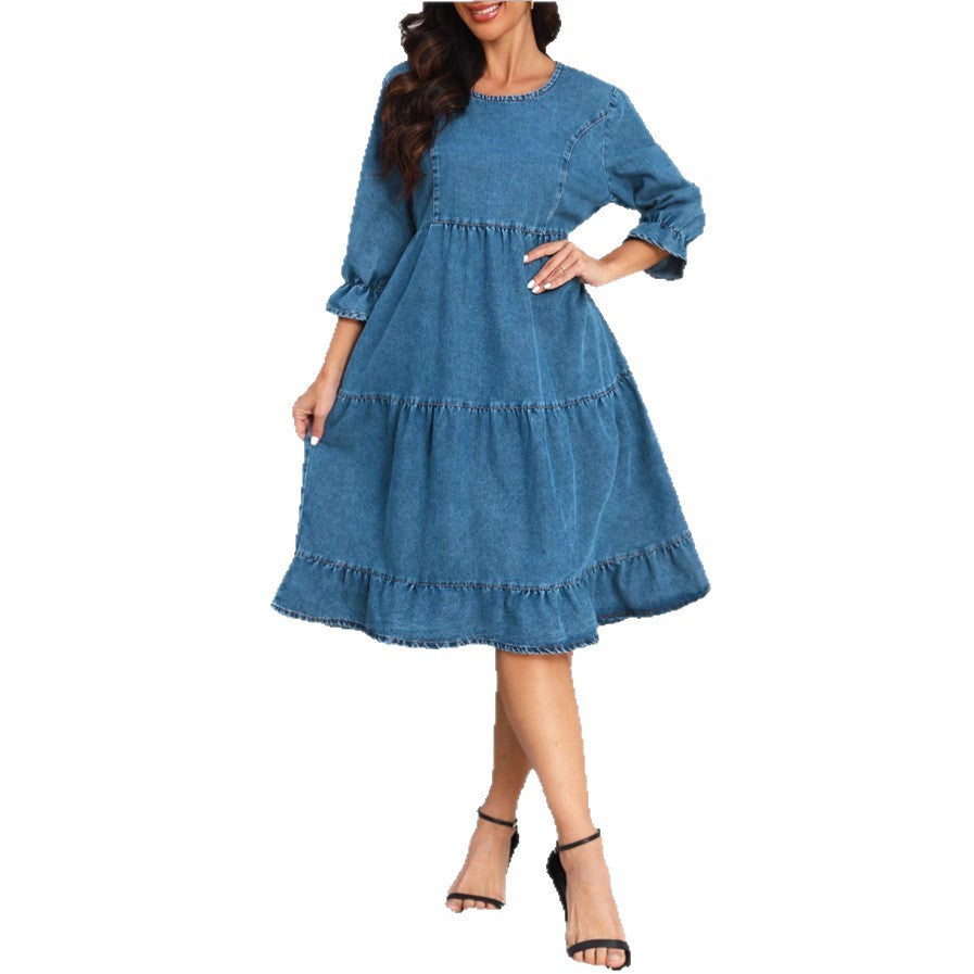 Women's tiered ruffle denim midi dress with elbow-length sleeves and gathered empire waist Chichicherry