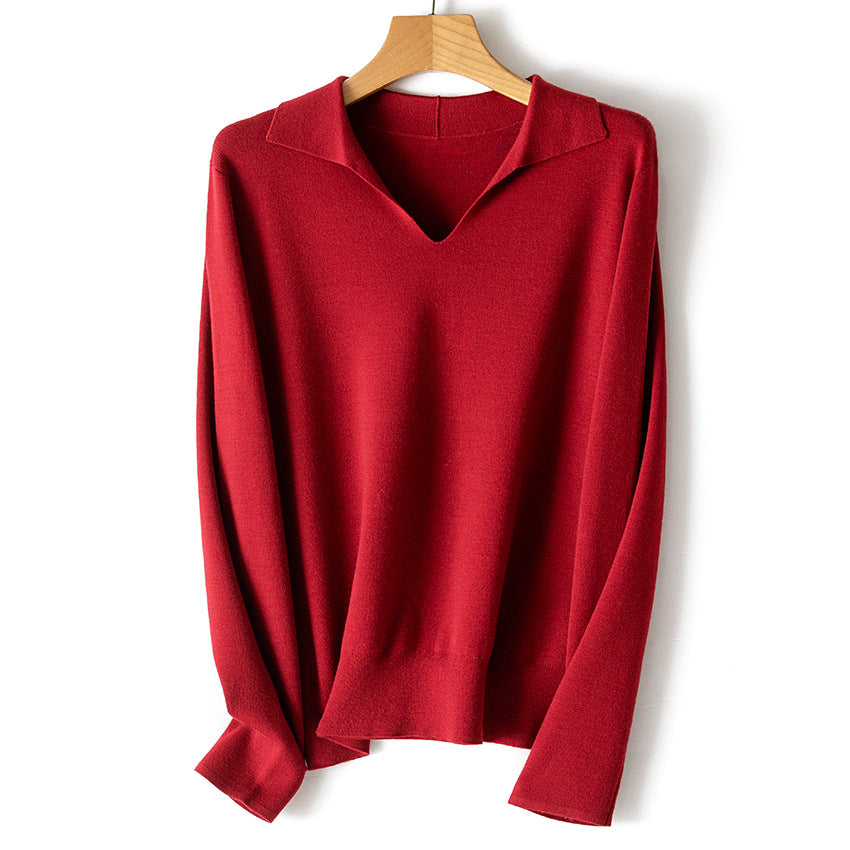 Women's fine knit pullover with V-neck and shirt collar Chichicherry