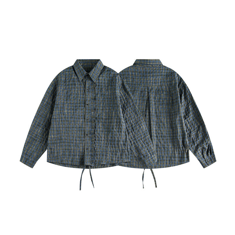 Unisex Checked Overshirt with Drawstring Hem and Concealed Button Placket Chichicherry