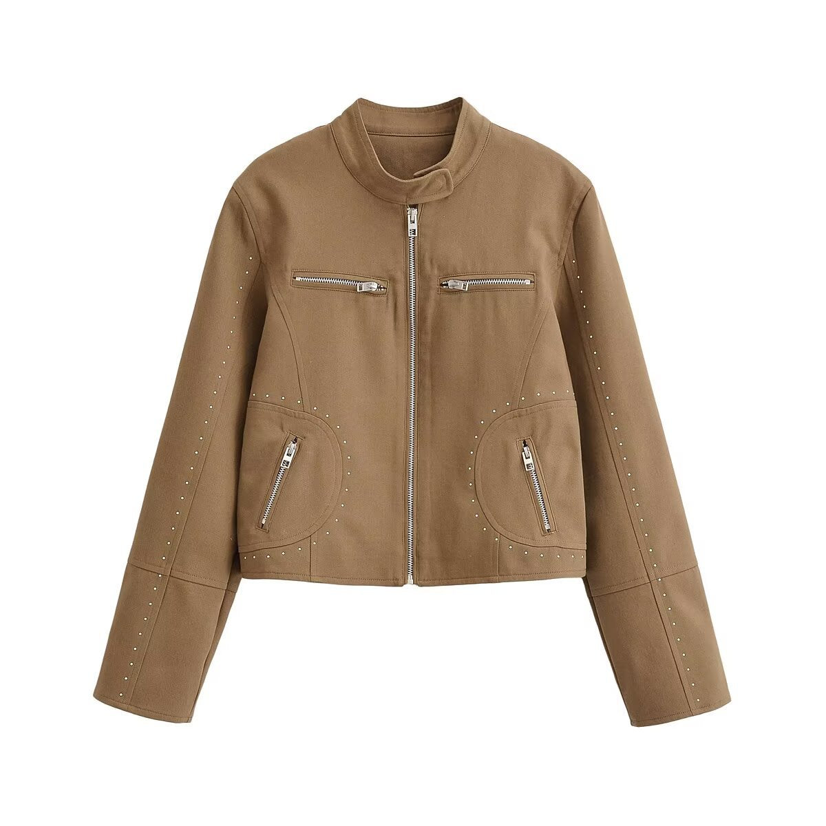Women Short Velvet Look Jacket with Stand-Up Collar, Decorative Seams, Stud Application and Zip Pockets Chichicherry